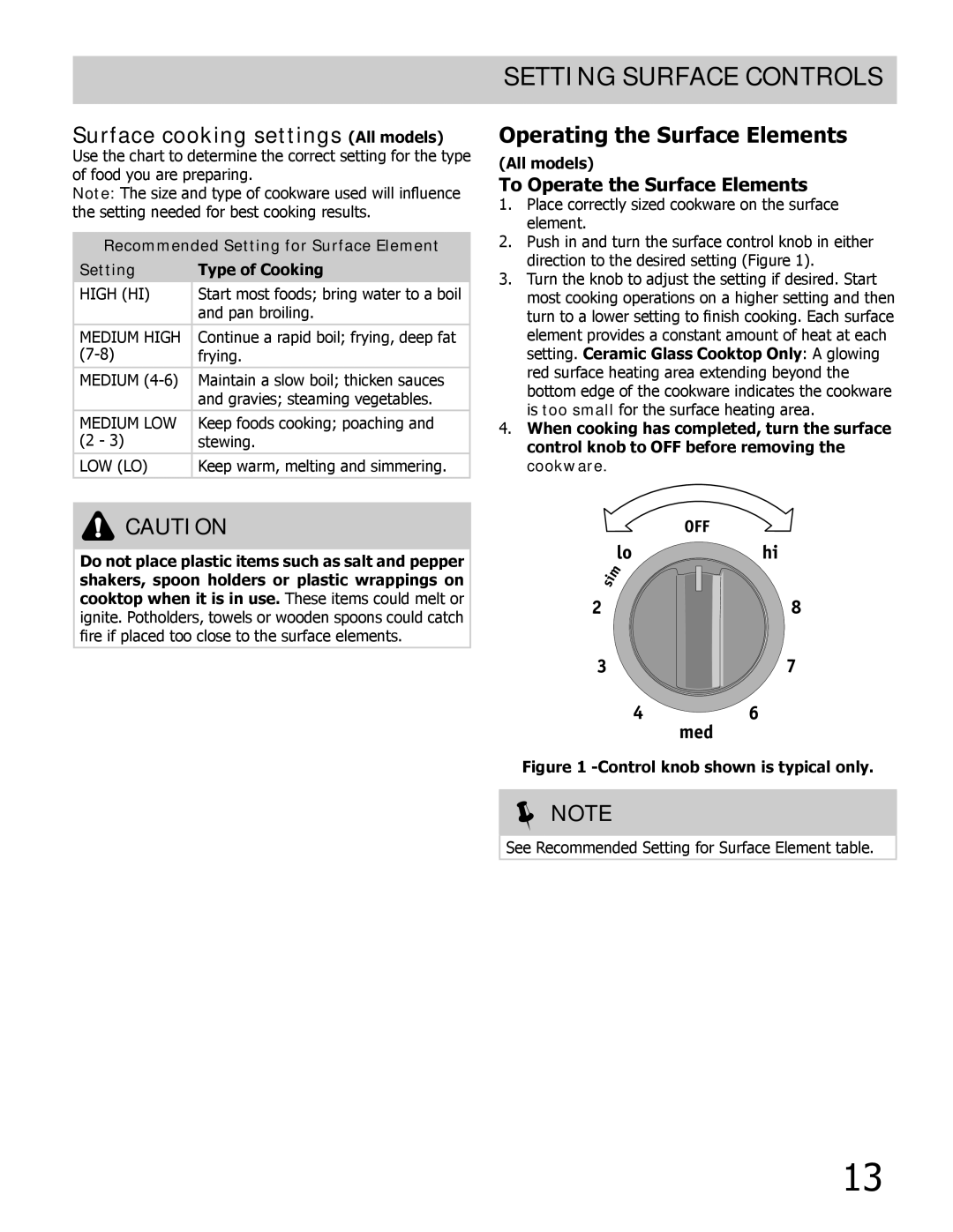 Frigidaire C, B manual Setting surface controls, Surface cooking settings All models, Operating the Surface Elements 