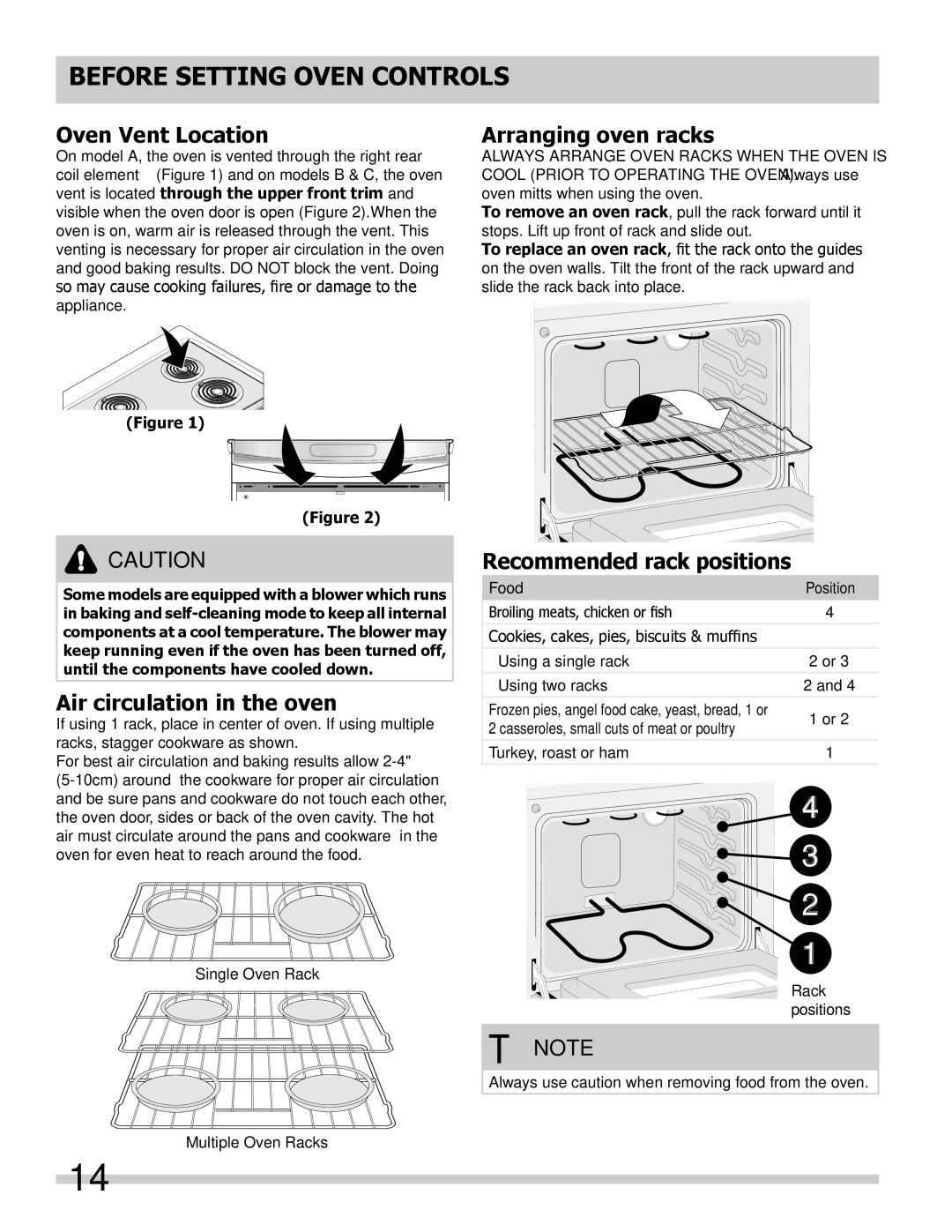 Frigidaire B, C manual Oven Vent Location, Arranging oven racks, Air circulation in the oven, Recommended rack positions 