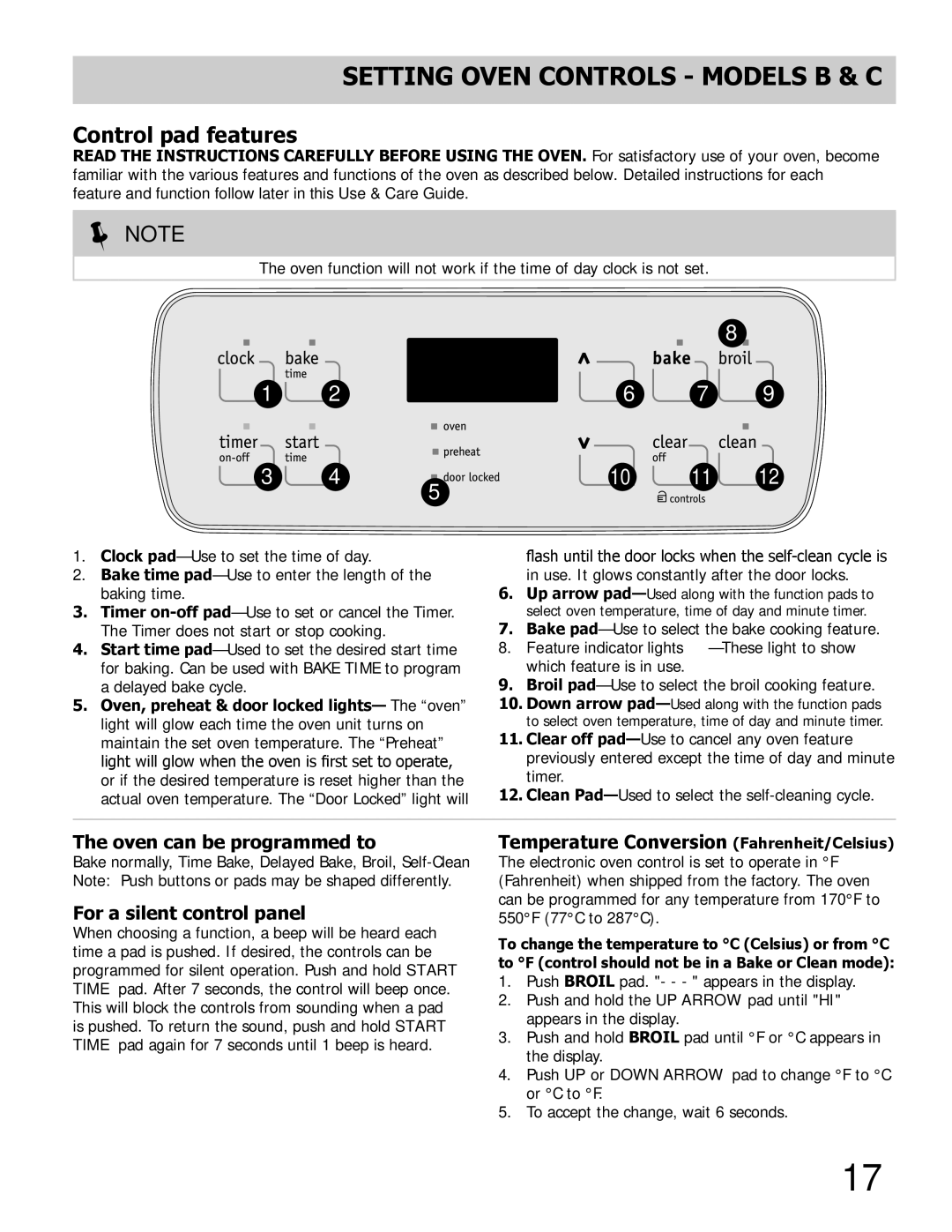 Frigidaire A manual Setting Oven controls ModelS B & C, Oven can be programmed to, For a silent control panel 