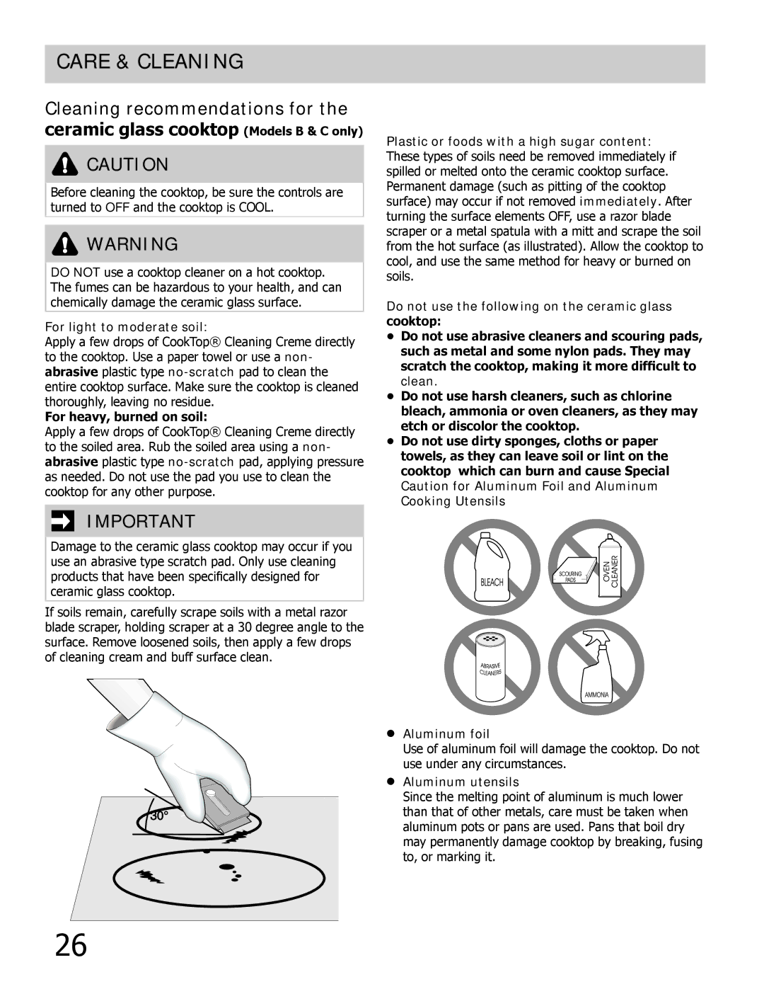 Frigidaire B, C manual For light to moderate soil, For heavy, burned on soil, Aluminum utensils 