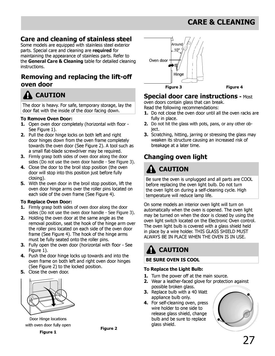 Frigidaire A Care and cleaning of stainless steel, Removing and replacing the lift-off oven door, Changing oven light 