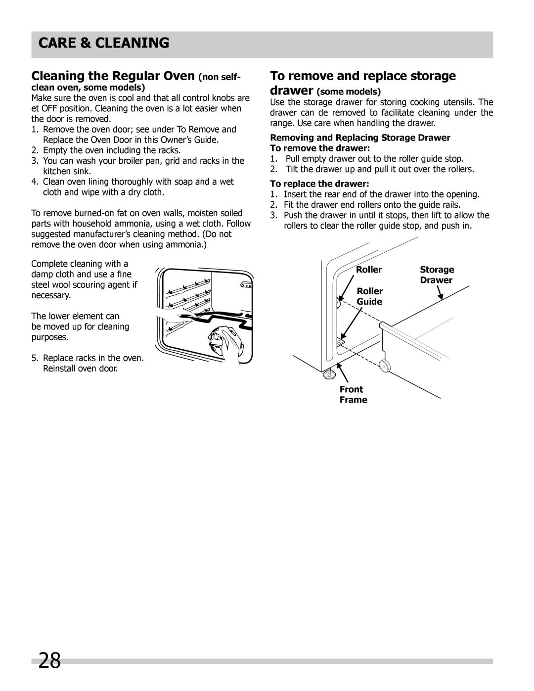 Frigidaire A, B manual Cleaning the Regular Oven non self, To remove and replace storage 