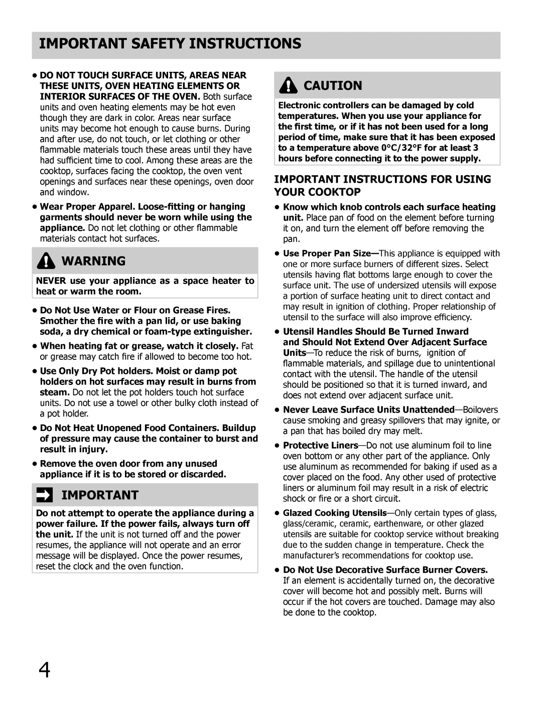 Frigidaire C, B manual Important Instructions for Using Your cooktop, Do not Touch Surface UNITS, Areas Near 