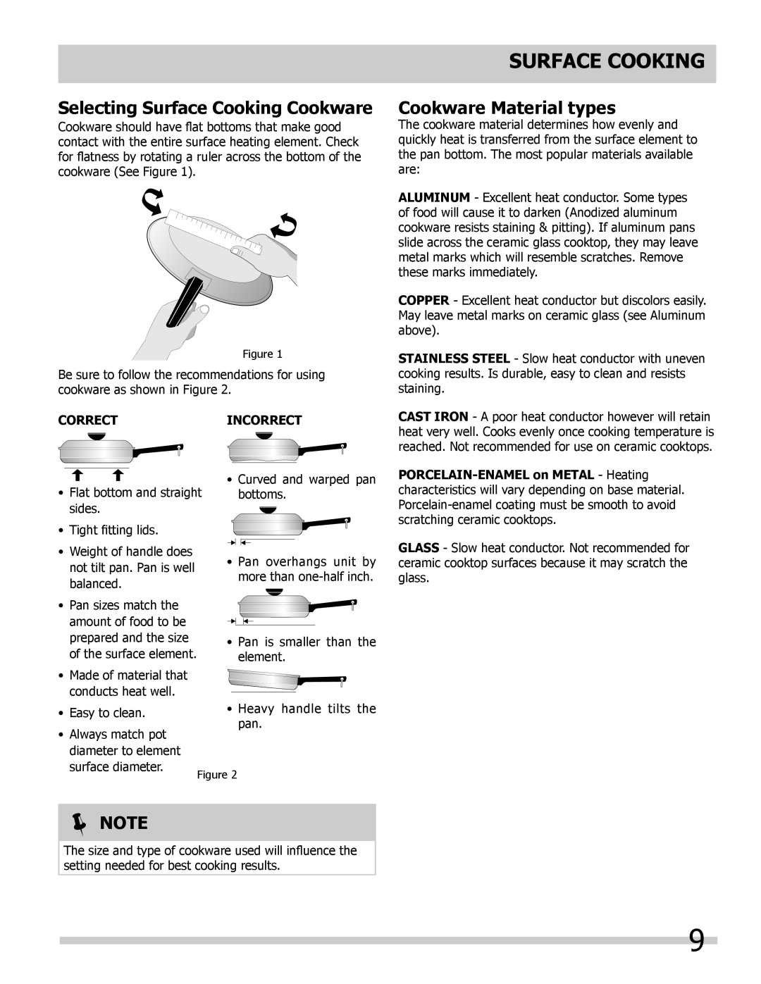 Frigidaire A, B manual Selecting Surface Cooking Cookware, Cookware Material types, Correctincorrect 