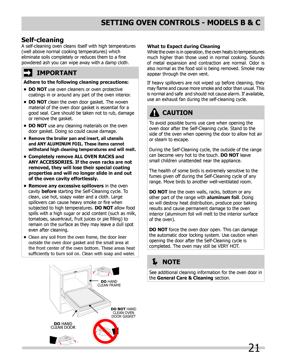 Frigidaire Self-cleaning, Setting OVEN controls - Models B & C, Note, Adhere to the following cleaning precautions 