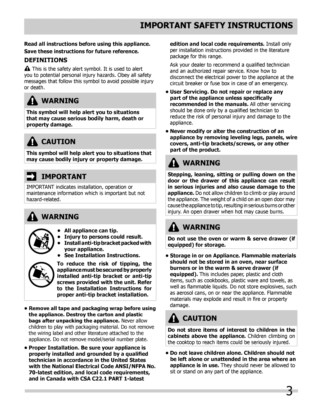 Frigidaire C, A, B manual Important Safety Instructions, Definitions 