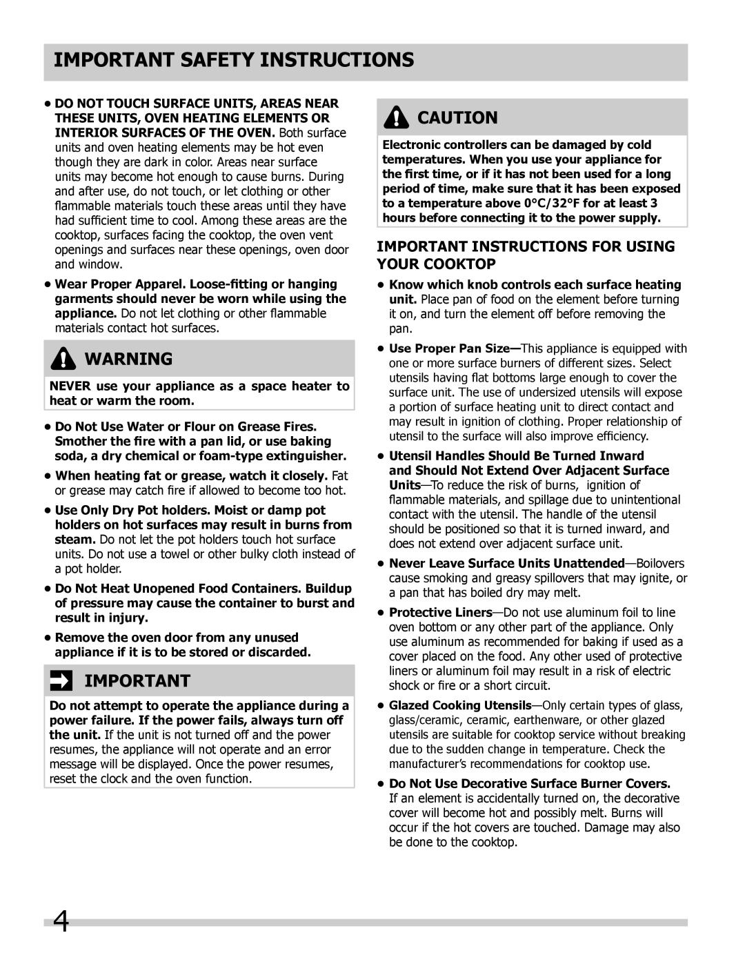 Frigidaire B manual IMPORTANT INSTRUCTIONS FOR USING YOUR cooktop, Important Safety Instructions 