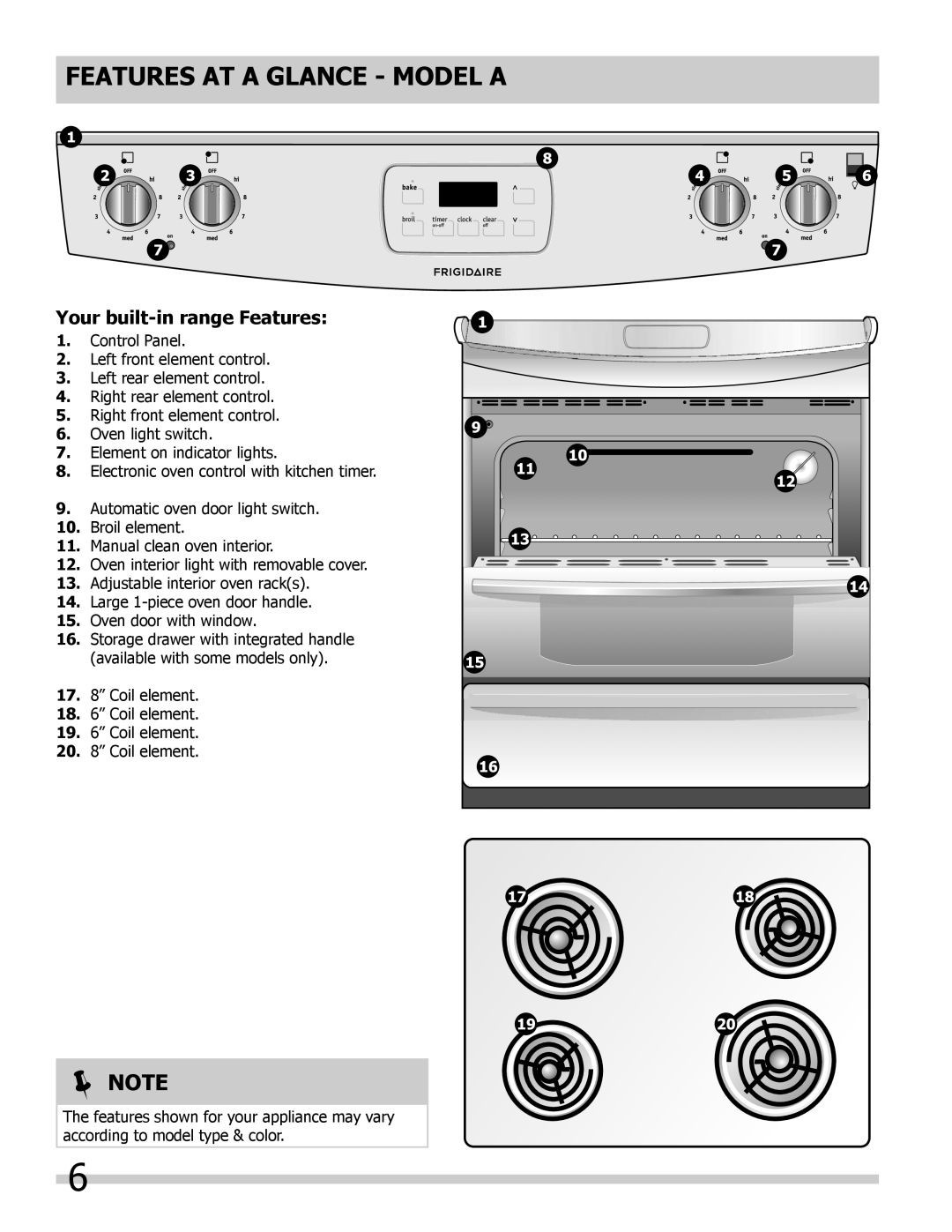 Frigidaire B manual FEATURES AT A GLANCE - mODEL A, Your built-inrange Features, Note 