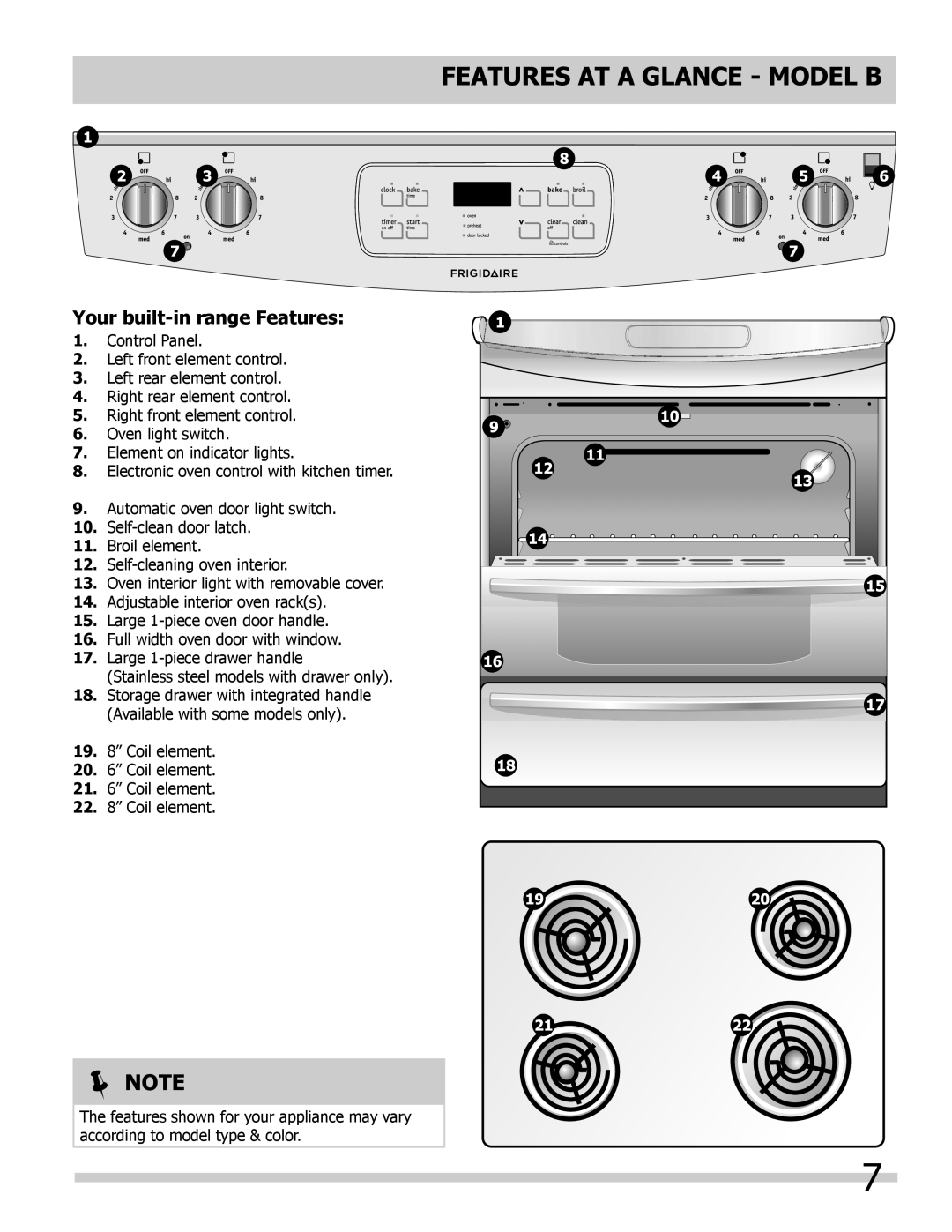 Frigidaire manual FEATURES AT A GLANCE - mODEL B, Note, Your built-inrange Features 