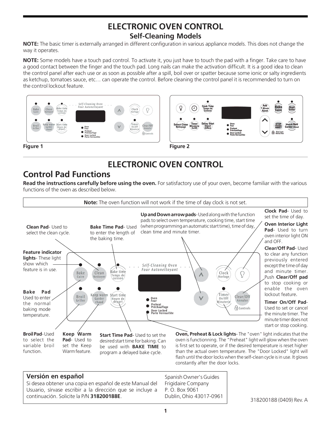 Frigidaire CFEB30S5GC manual Control Pad Functions, Versión en español, Broil Pad- Used Keep Warm 