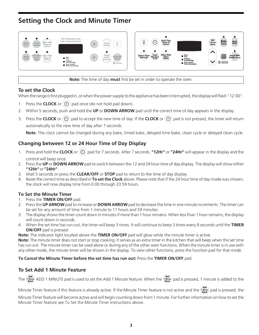 Frigidaire CFEB30S5GC manual Setting the Clock and Minute Timer, To set the Clock, To Set Add 1 Minute Feature 