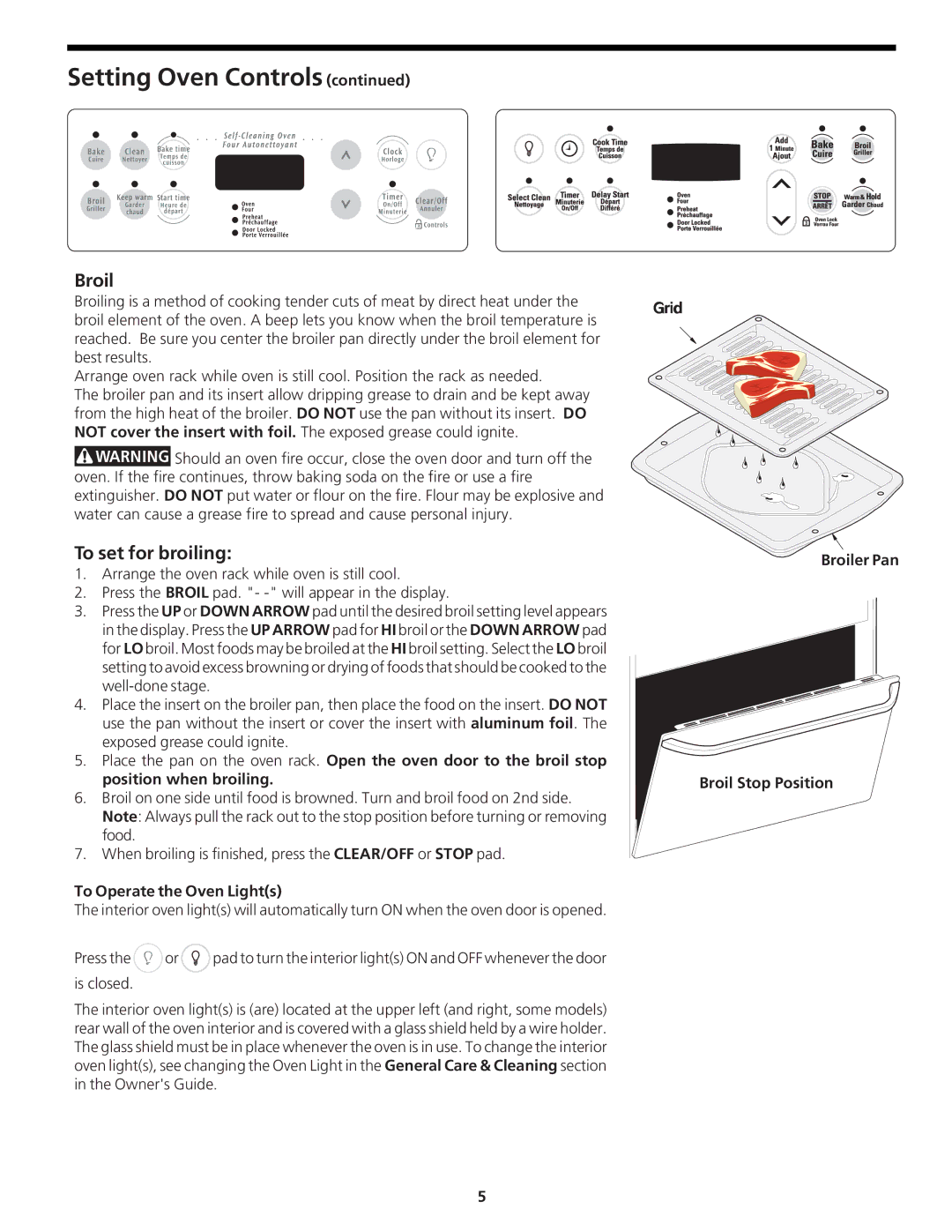 Frigidaire CFEB30S5GC manual To set for broiling, Grid, To Operate the Oven Lights, Broiler Pan Broil Stop Position 