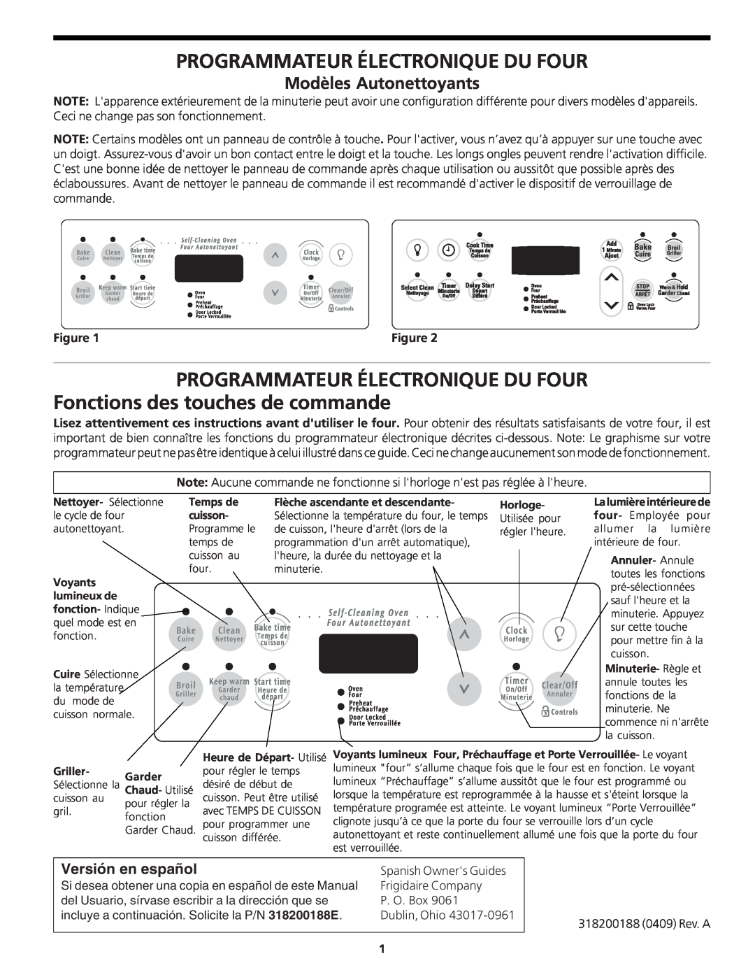 Frigidaire CFEB30S5GC manual Programmateur Électronique Du Four, Modèles Autonettoyants, Versión en español 