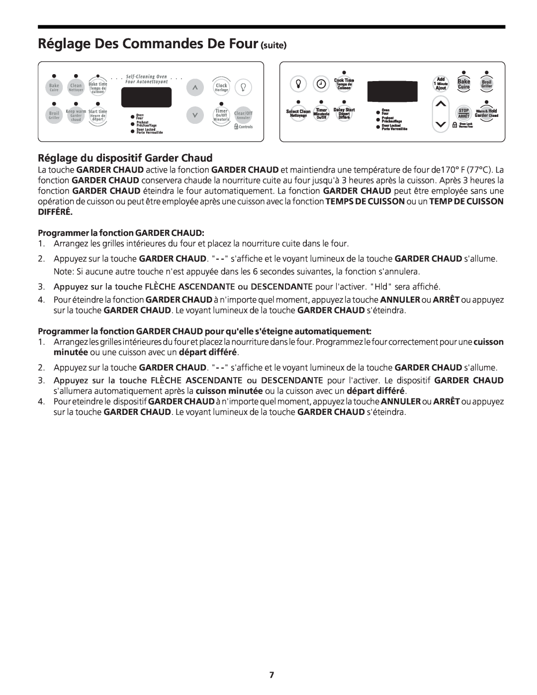 Frigidaire CFEB30S5GC manual Réglage du dispositif Garder Chaud, Réglage Des Commandes De Four suite 