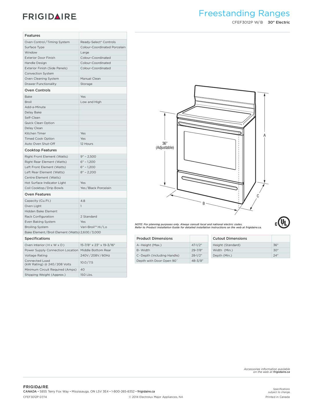 Frigidaire CFEF3012P W/B dimensions Oven Controls, Cooktop Features, Oven Features, Specifications 