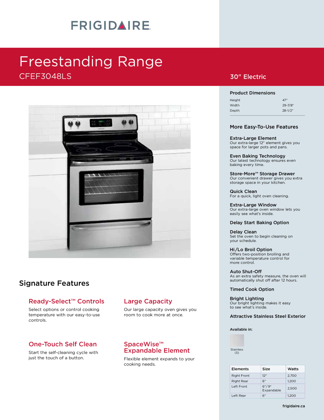 Frigidaire CFEF3048LS dimensions Product Dimensions, Extra-Large Element, Even Baking Technology, Quick Clean 