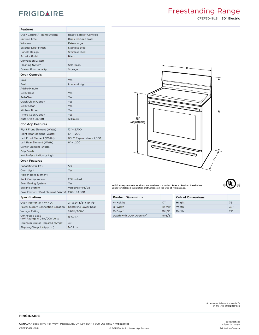 Frigidaire CFEF3048LS dimensions Adjustable 