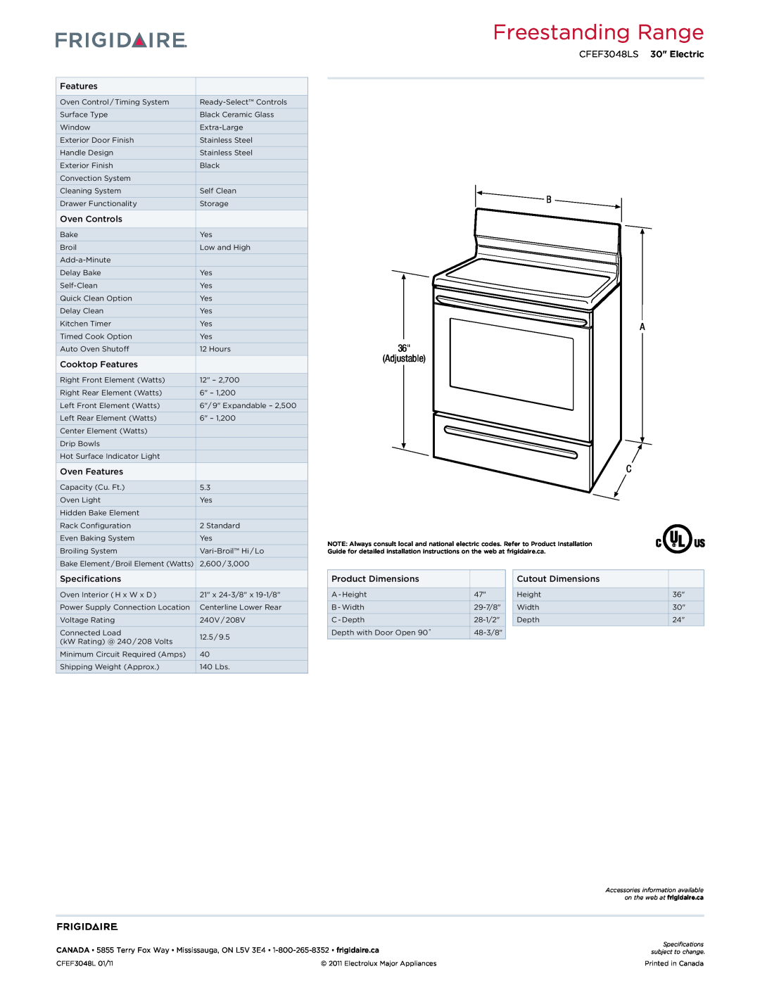 Frigidaire dimensions Freestanding Range, B A 36 Adjustable C, CFEF3048LS 30 Electric 
