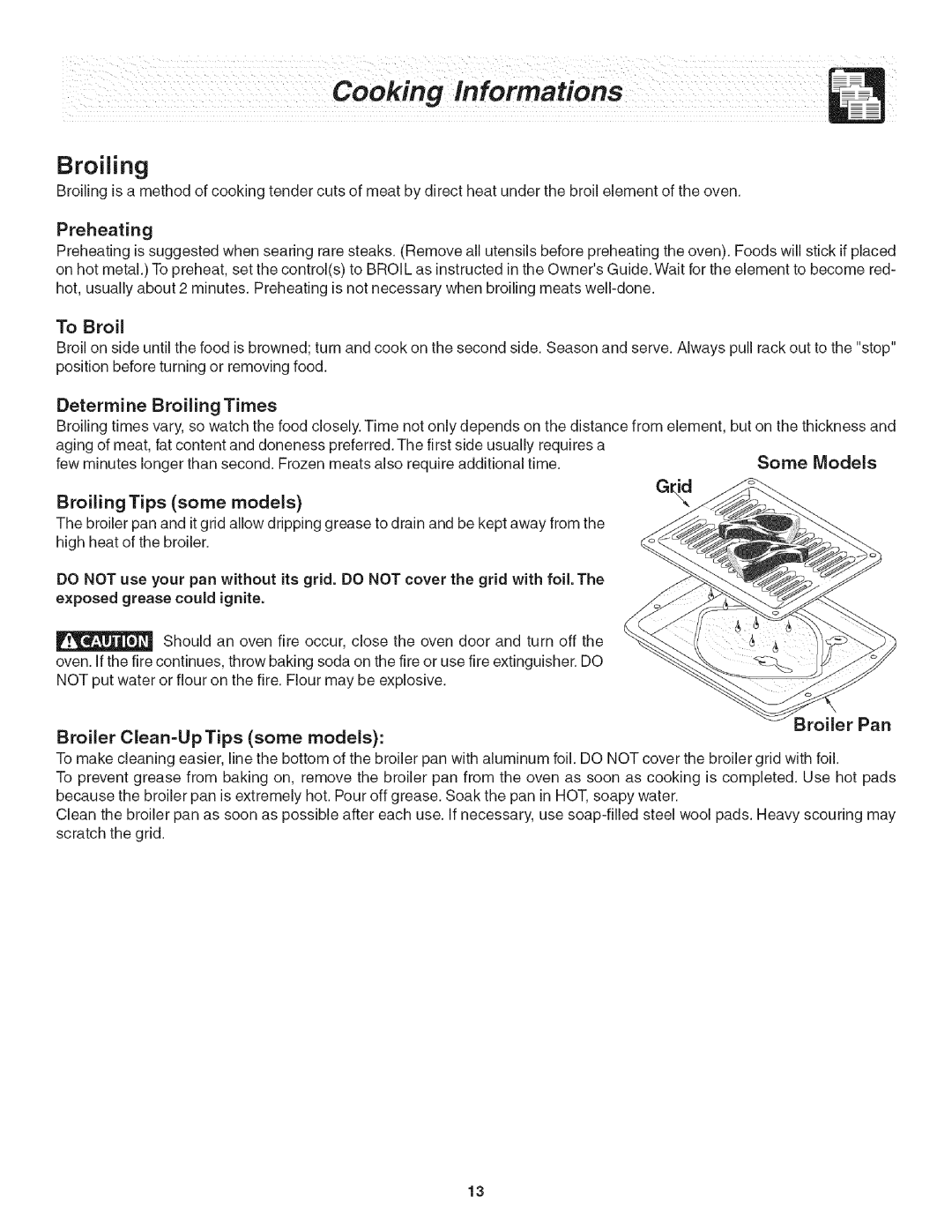 Frigidaire CFGS365FC3, CFGS365EB5 To Broil, Broiling Tips some models, Broiler Clean-Up Tips some models, Preheating 