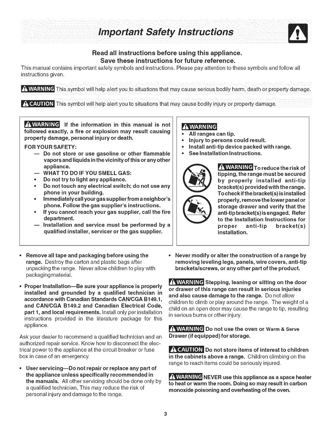 Frigidaire CFGS365FC3, CFGS365EB5, CFGS365ES5 important safety instructions Importantsafety Instructions 