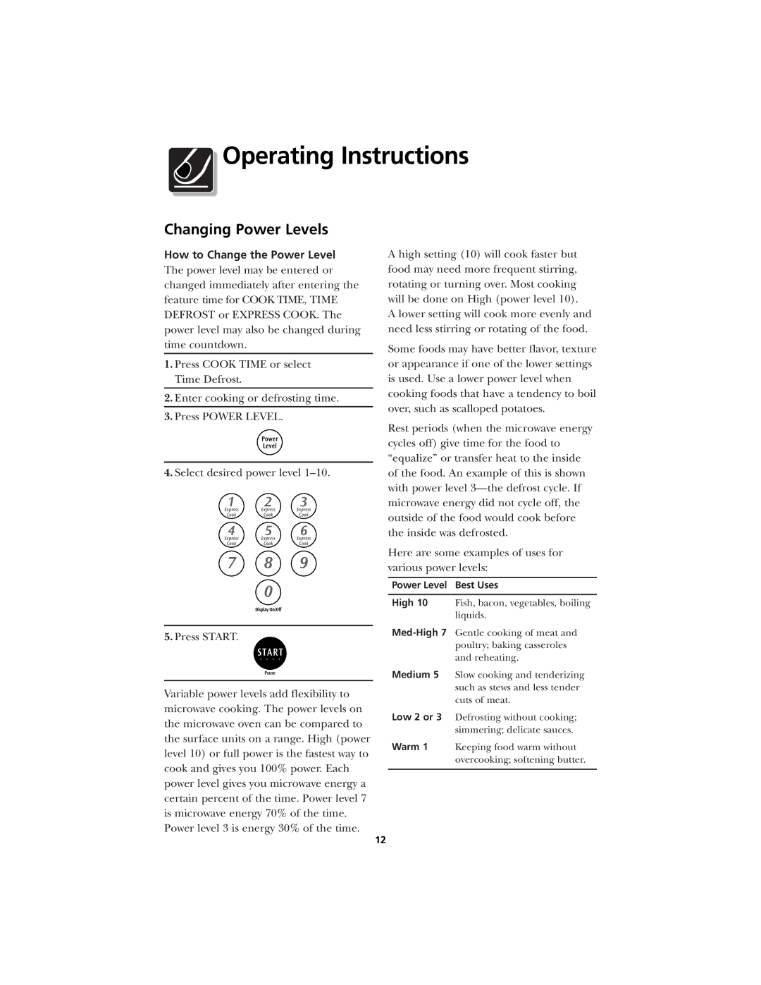 Frigidaire CFMV145 warranty Operating Instructions, Changing Power Levels, How to Change the Power Level 