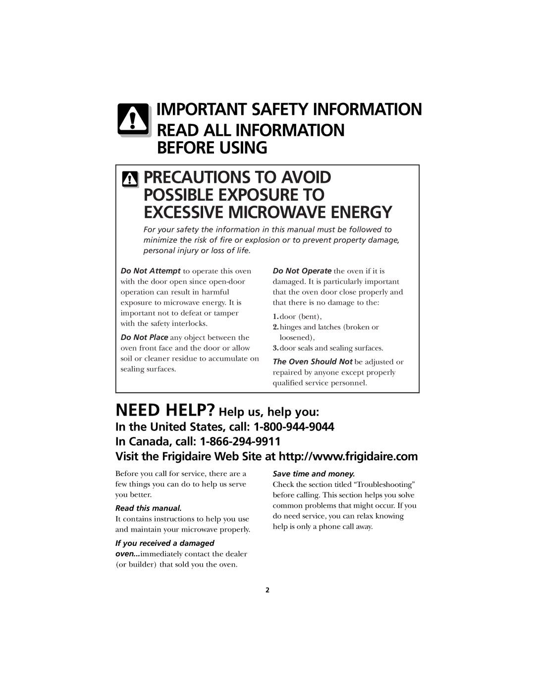 Frigidaire CFMV145 warranty Important Safety Information 