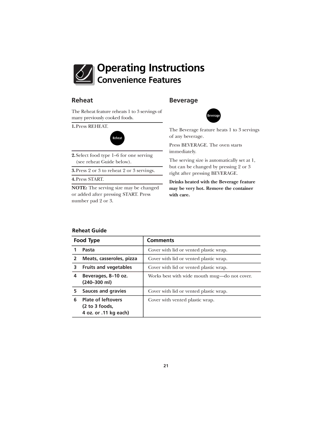 Frigidaire CFMV145 warranty Reheat, Beverage 