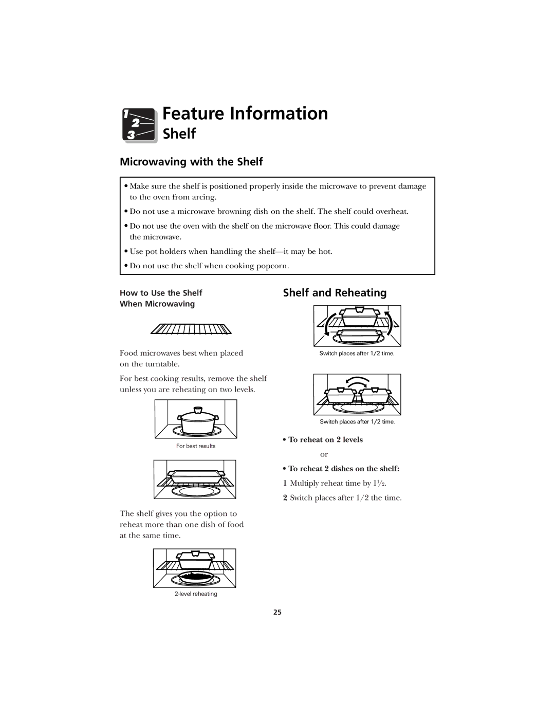 Frigidaire CFMV145 warranty Feature Information, Microwaving with the Shelf, Shelf and Reheating 