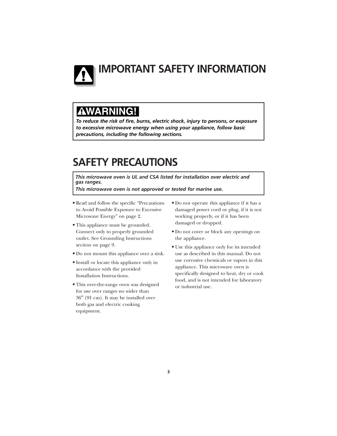 Frigidaire CFMV145 warranty Safety Precautions 