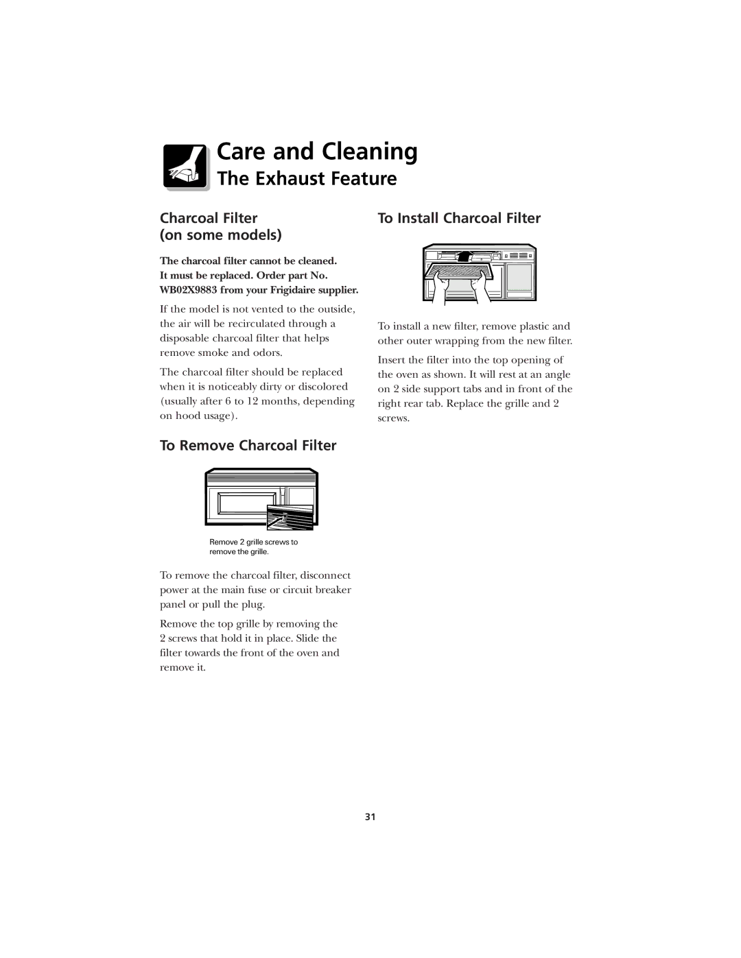 Frigidaire CFMV145 warranty Charcoal Filter on some models, To Install Charcoal Filter, To Remove Charcoal Filter 