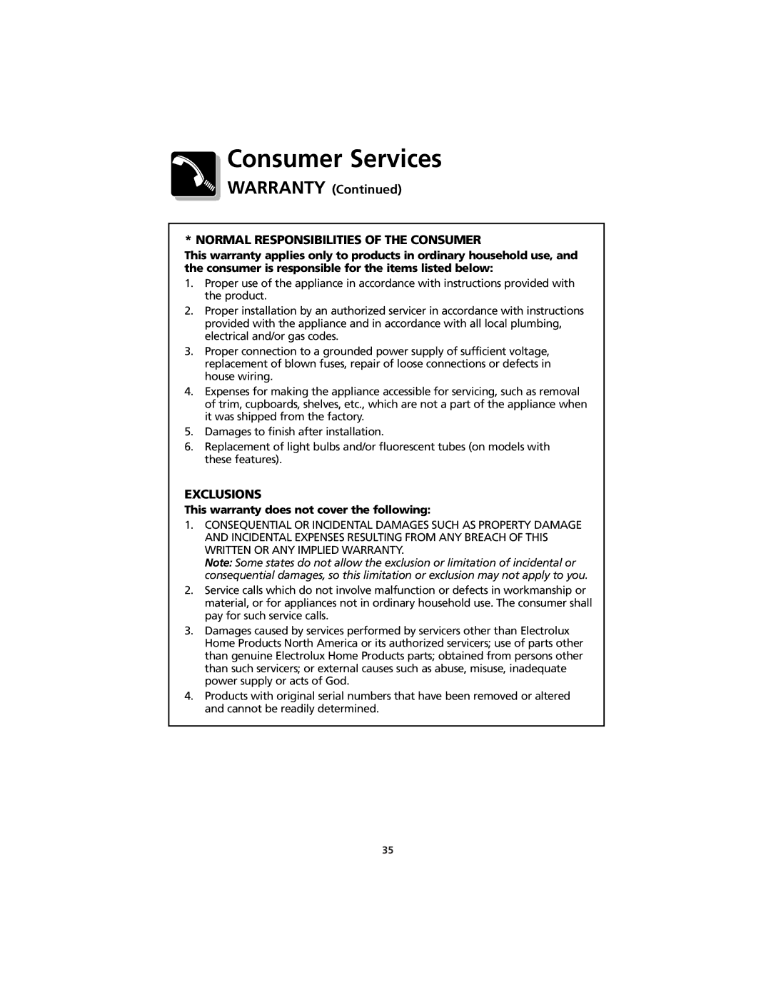 Frigidaire CFMV145 Consumer Services, This warranty does not cover the following 