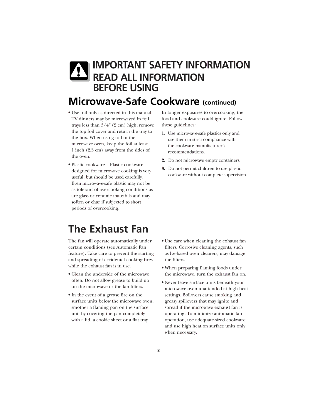 Frigidaire CFMV145 warranty Microwave-Safe Cookware, Exhaust Fan 