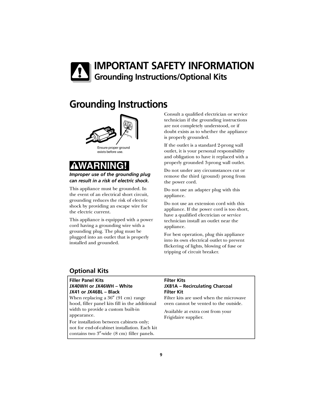 Frigidaire CFMV145 warranty Grounding Instructions/Optional Kits, Filter Kits JX81A Recirculating Charcoal 