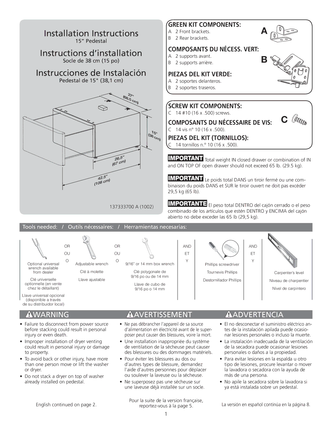 Frigidaire CFPWD15A manual 137333700 a, Front brackets Rear brackets, Supports avant Supports arrière, Vis n 10 16 x 