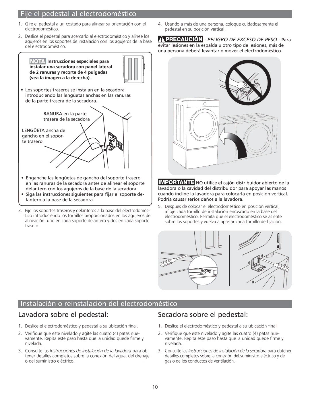 Frigidaire FFHT1513LS, CFPWD15R Fije el pedestal al electrodoméstico, Instalación o reinstalación del electrodoméstico 