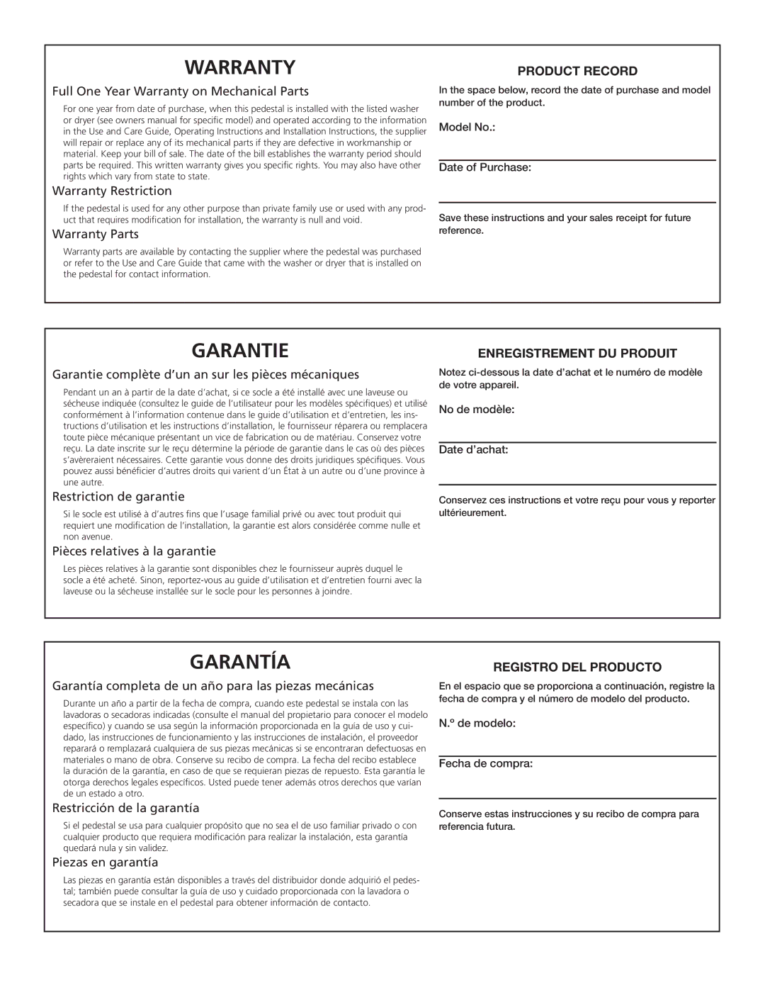 Frigidaire CFPWD15R, CFPWD15A, CFPWD15W Model No, Date of Purchase, No de modèle, Date d’achat, De modelo, Fecha de compra 