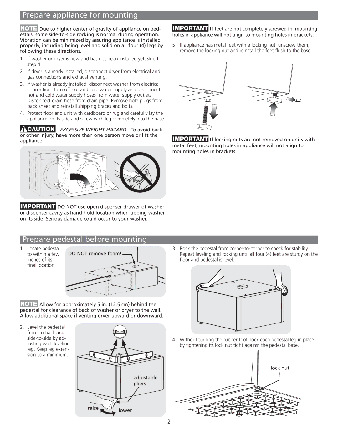 Frigidaire FFHT1513LS, CFPWD15R, CFPWD15A manual Prepare appliance for mounting, Prepare pedestal before mounting, Lock nut 