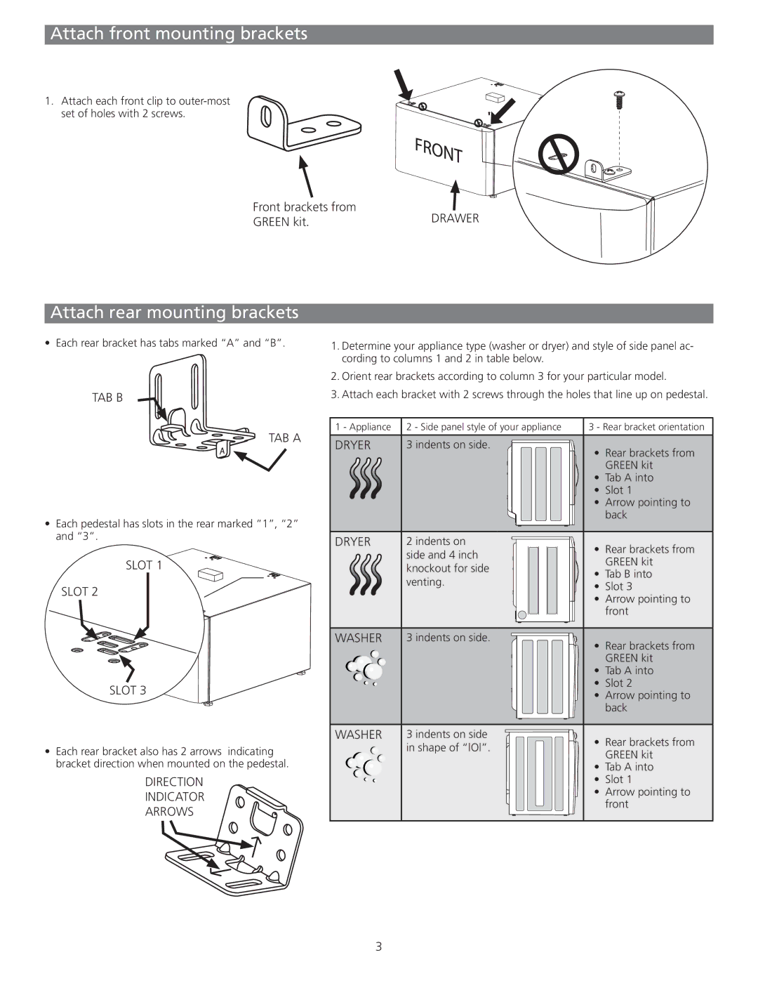 Frigidaire CFPWD15W, CFPWD15R, CFPWD15A, FFHT1513LS manual Attach front mounting brackets, Attach rear mounting brackets 