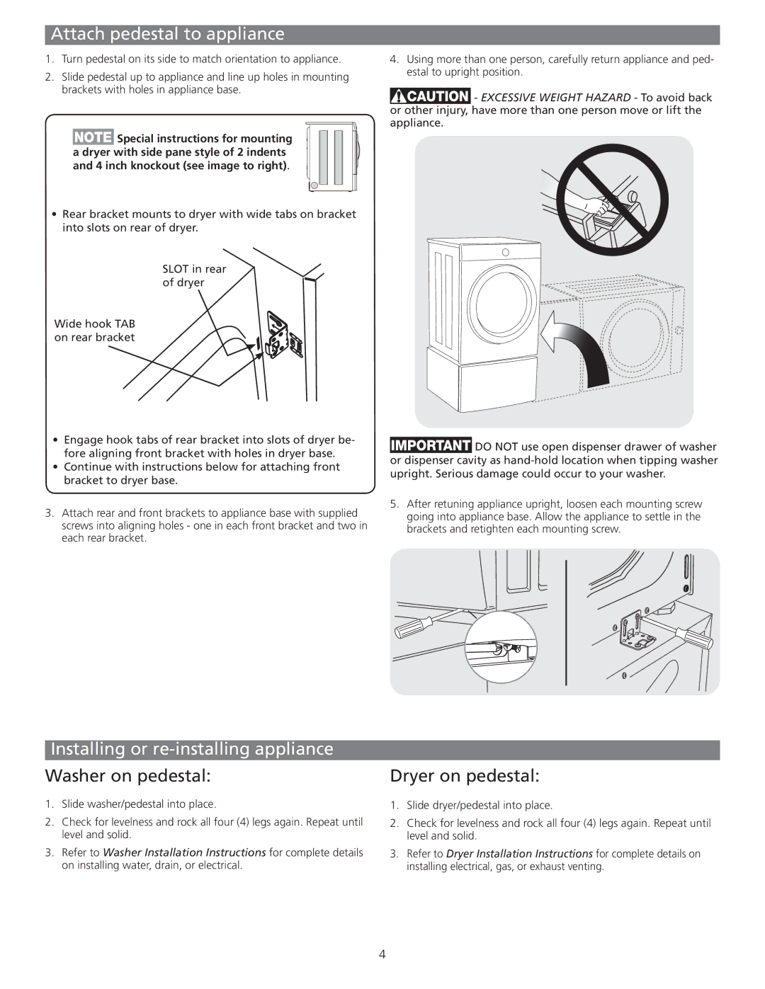 Frigidaire CFPWD15R, CFPWD15A manual Attach pedestal to appliance, Installing or re-installing appliance, Washer on pedestal 