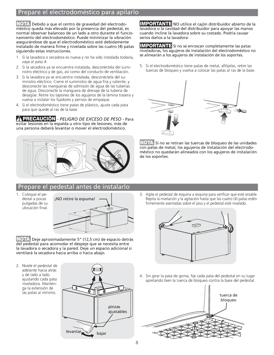 Frigidaire CFPWD15R Prepare el electrodoméstico para apilarlo, Prepare el pedestal antes de instalarlo, Tuerca de Bloqueo 