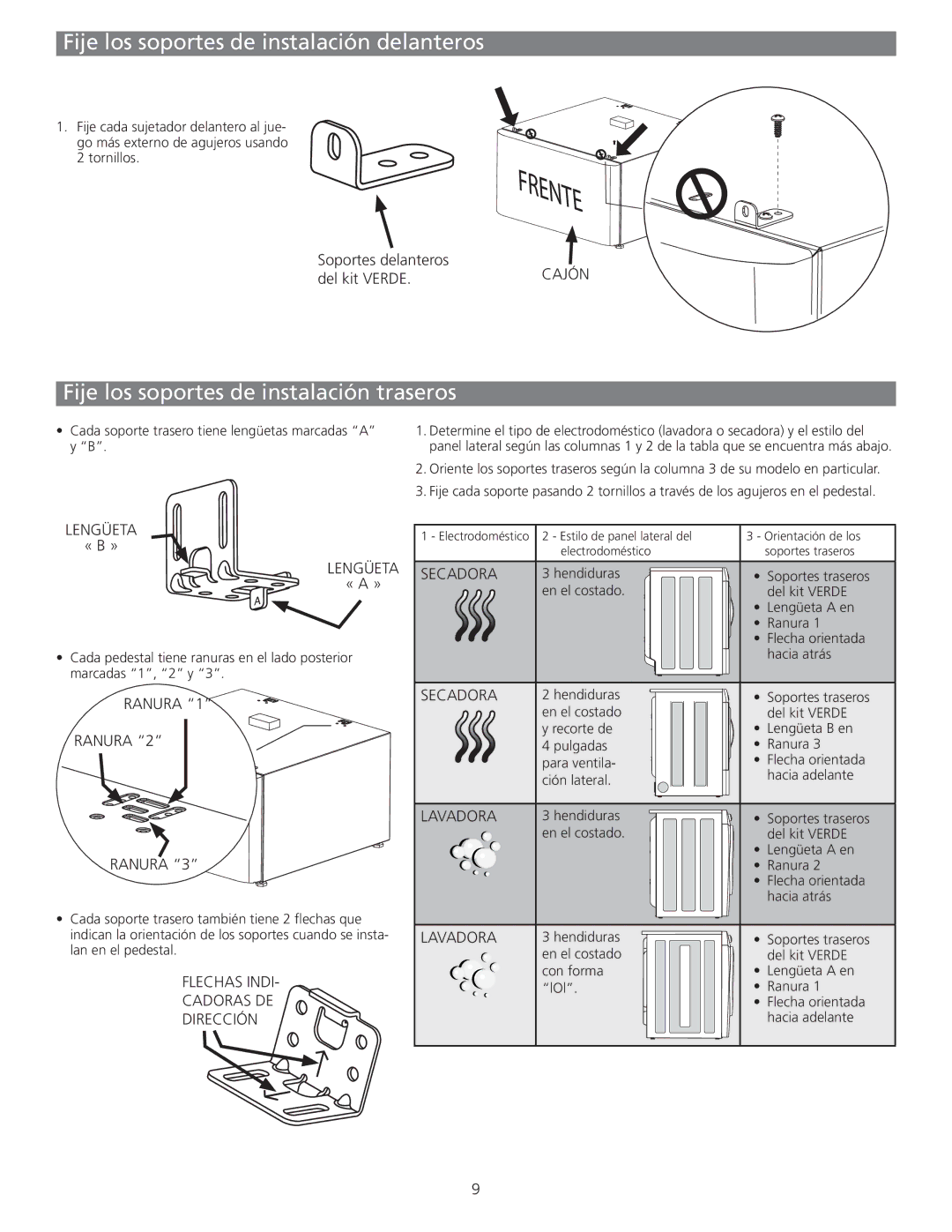 Frigidaire CFPWD15A, CFPWD15R manual Fije los soportes de instalación delanteros, Fije los soportes de instalación traseros 