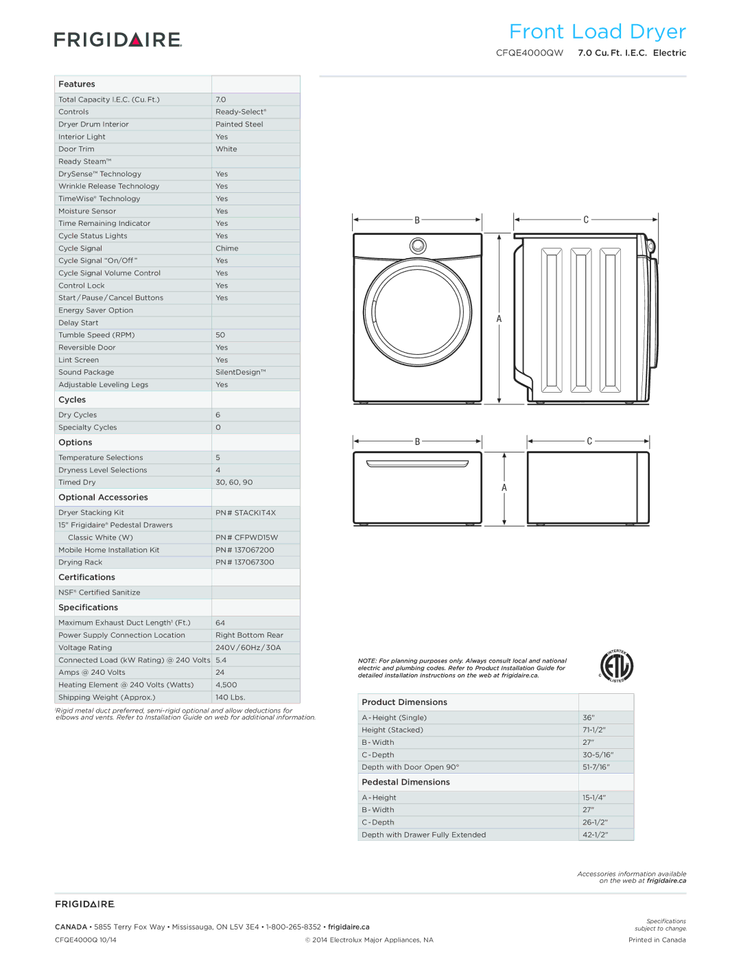 Frigidaire CFQE4000QW Features, Cycles, Options, Optional Accessories, Certifications, Specifications, Product Dimensions 