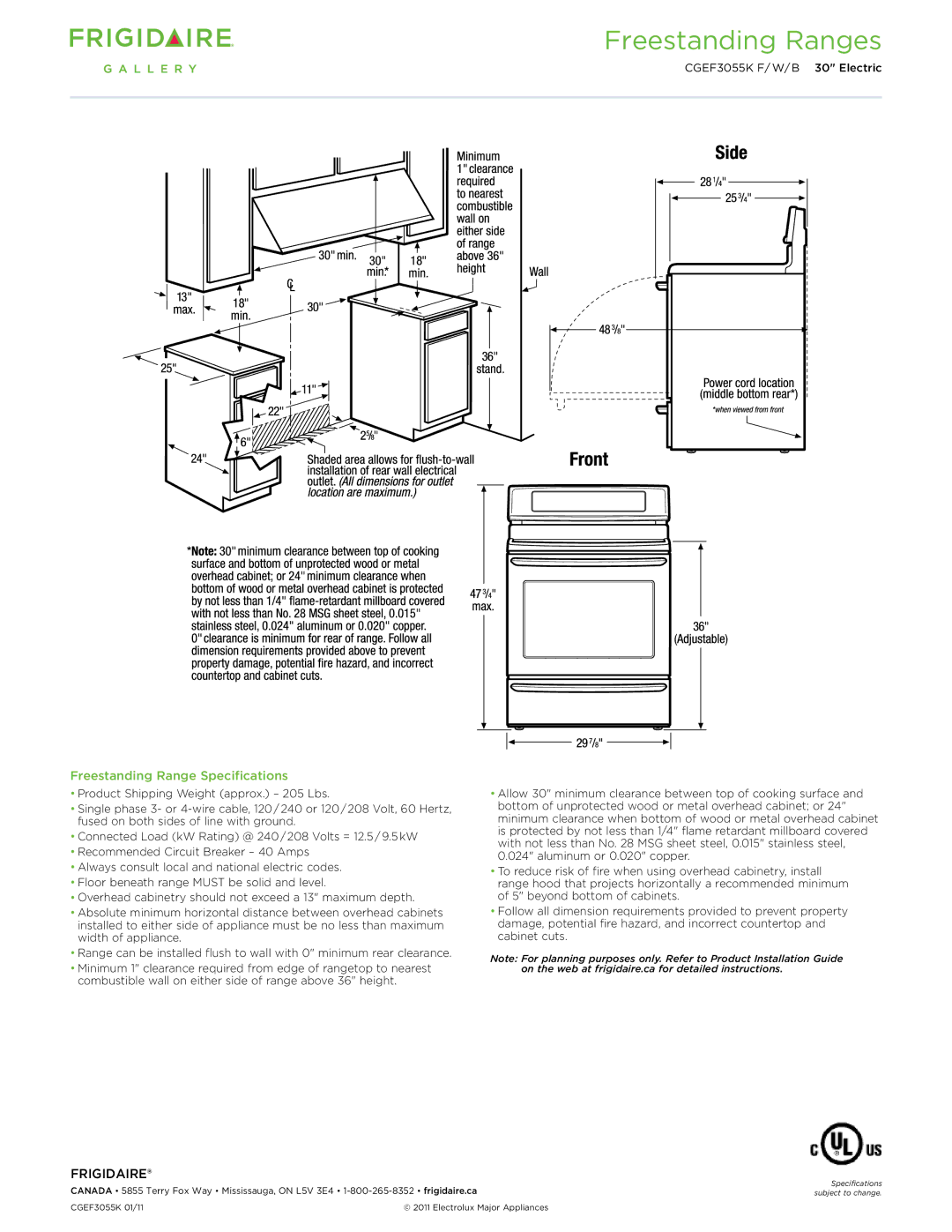 Frigidaire CGEF3055K dimensions Freestanding Ranges, Freestanding Range Specifications 