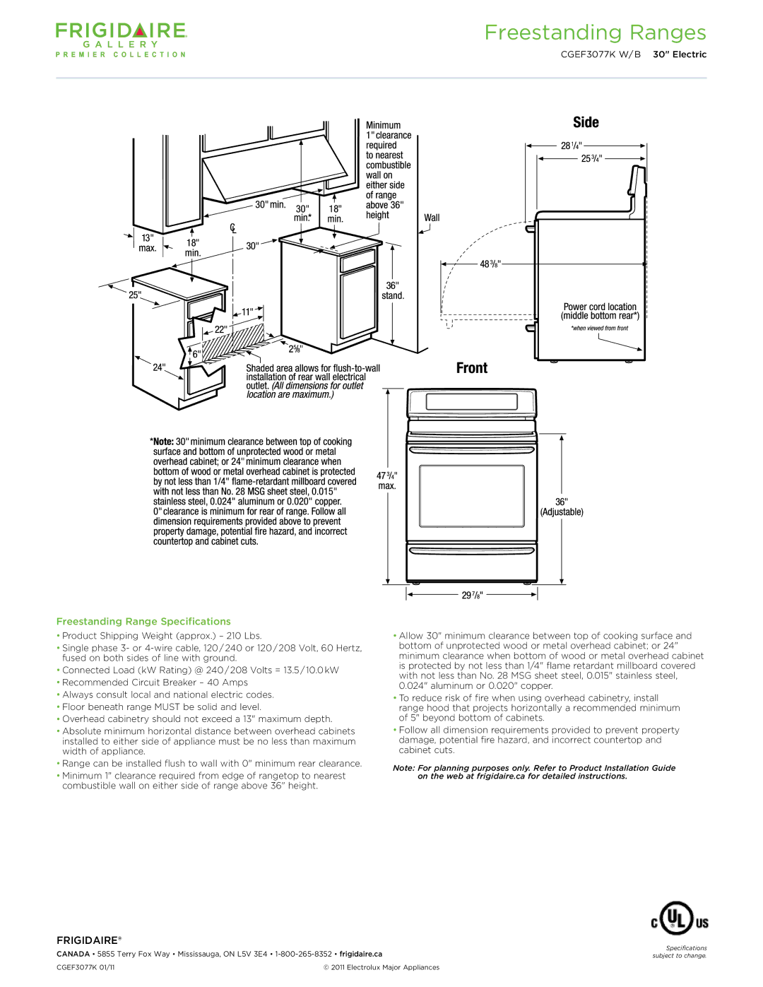 Frigidaire CGEF3077K W/B dimensions Freestanding Ranges, Freestanding Range Specifications 