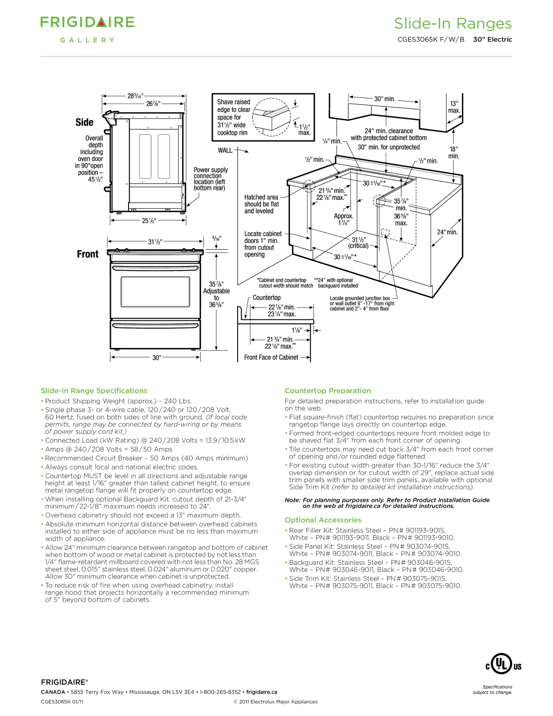 Frigidaire CGES3065K F/W/B dimensions Slide-In Range Specifications, Countertop Preparation, Optional Accessories 