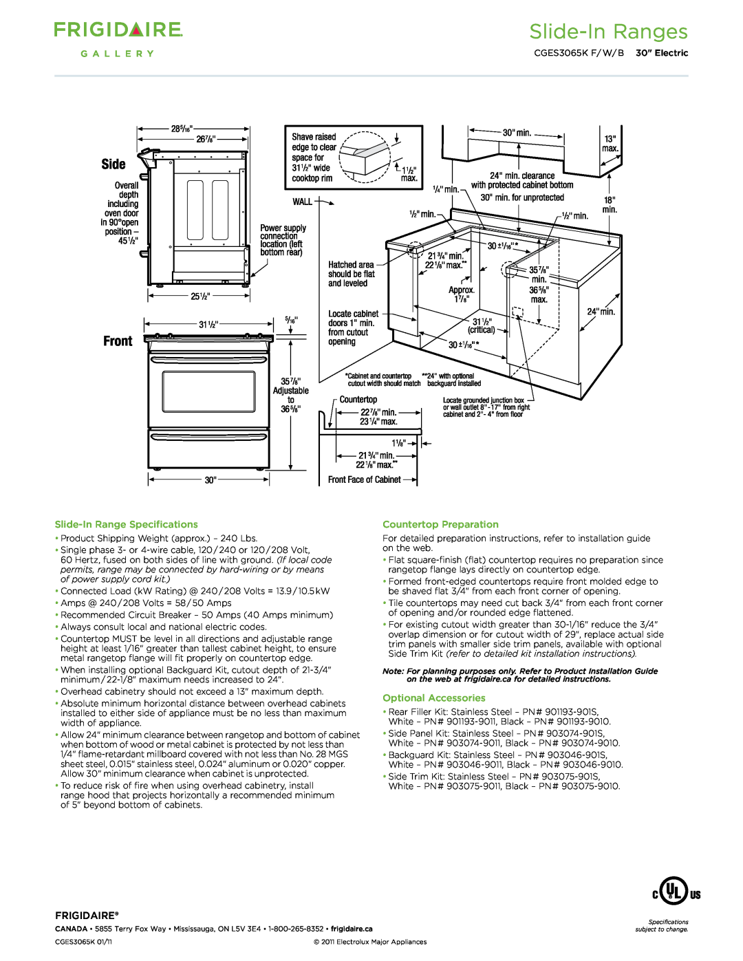 Frigidaire CGES3065K F/W/B Slide-InRange Specifications, Countertop Preparation, Optional Accessories, Frigidaire 