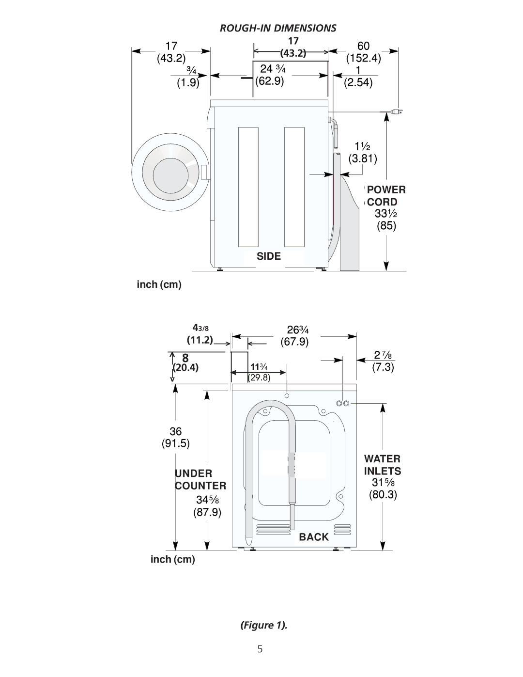 Frigidaire Coin- Operated Commercial Tumble Action Washer Under Inlets Counter Back, ROUGH-IN Dimensions 