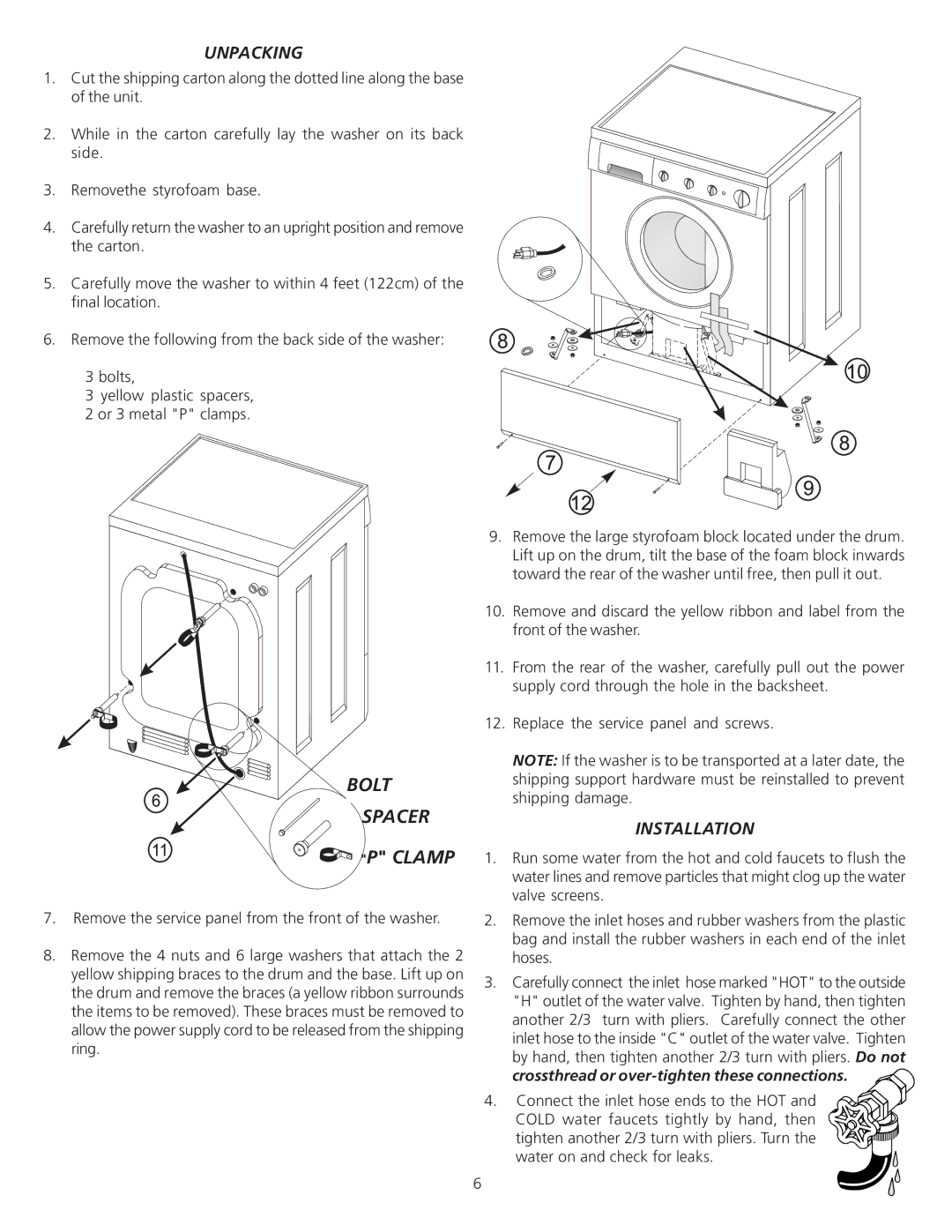 Frigidaire Coin- Operated Commercial Tumble Action Washer installation instructions Unpacking, Installation 