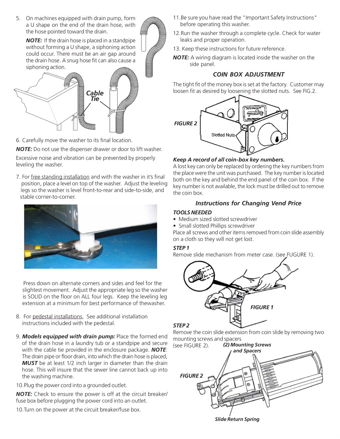 Frigidaire Coin- Operated Commercial Tumble Action Washer Coin BOX Adjustment, Keep a record of all coin-box key numbers 