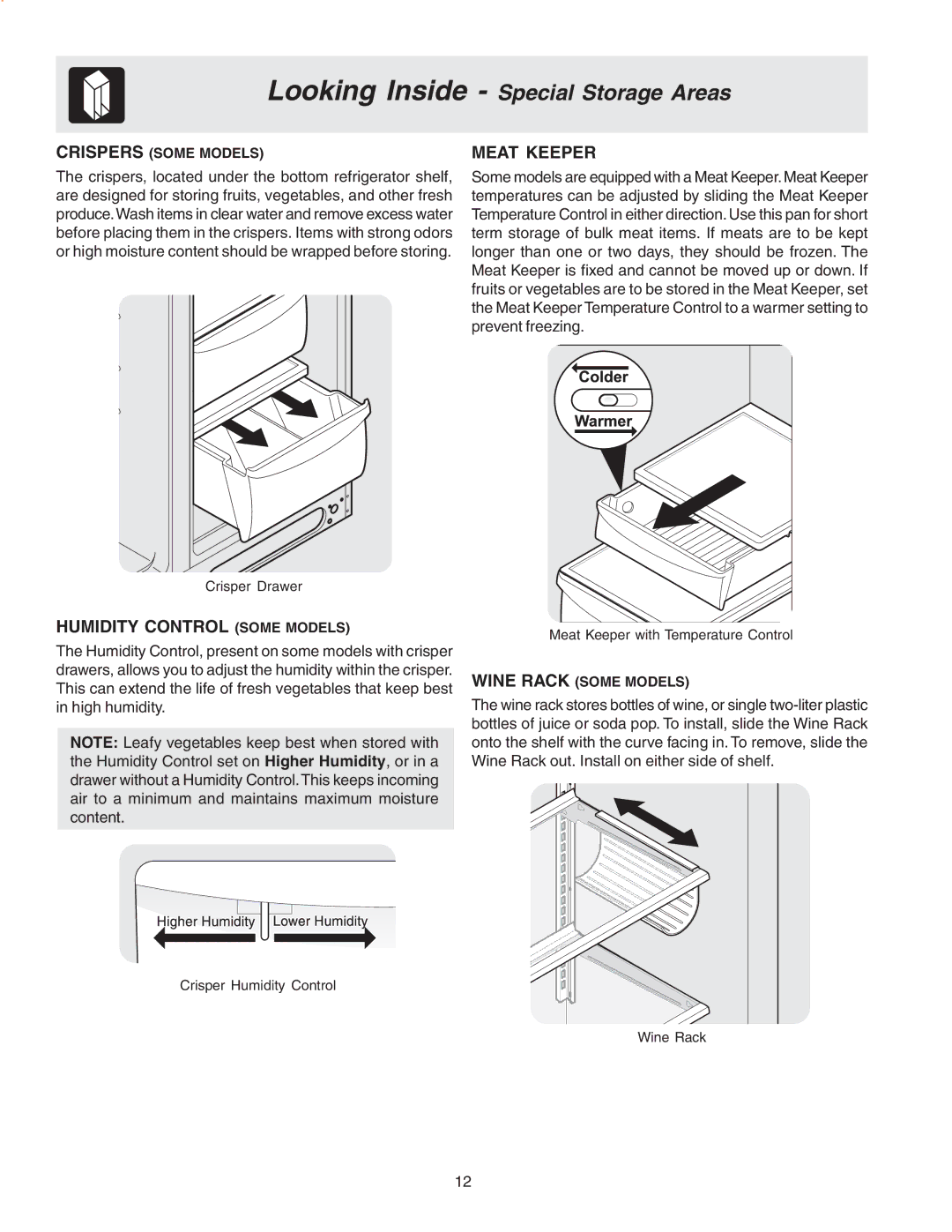 Frigidaire Compact Refrigerator manual Humidity Control Some Models, Meat Keeper 